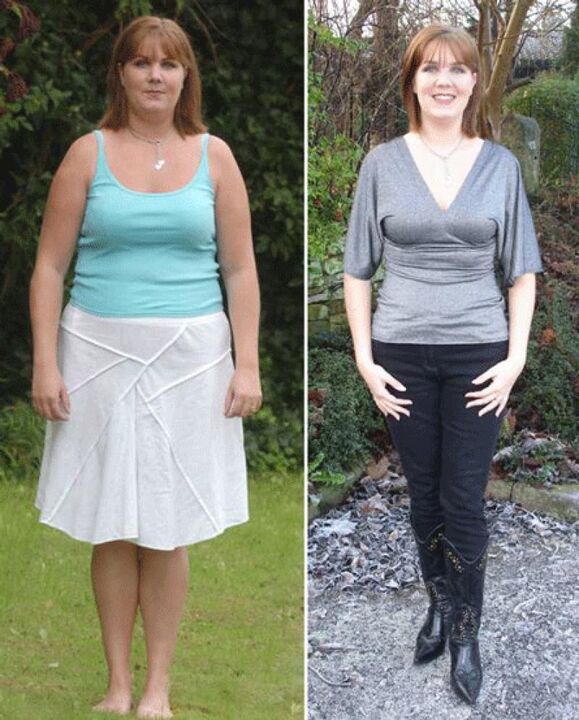 Mujer antes y después de perder peso con una dieta de kéfir